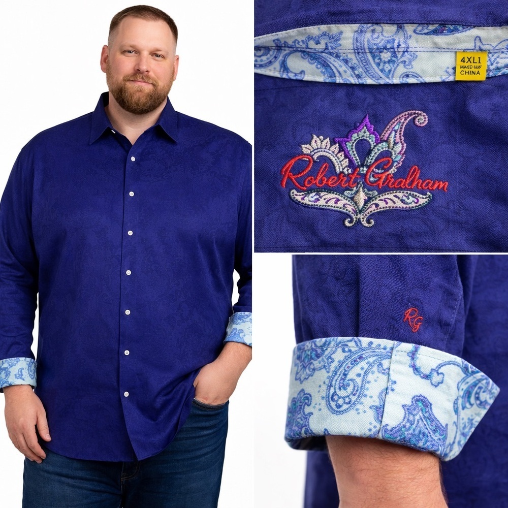 Robert Graham Mens Shirt Cobalt Blue Subtle Pattern 4XL Tall Contrast Cuff